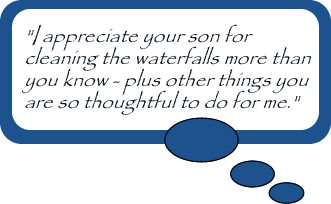 "I appreciate your son for cleaning the waterfalls more than you know - plus other things you are so thoughtful to do for me."